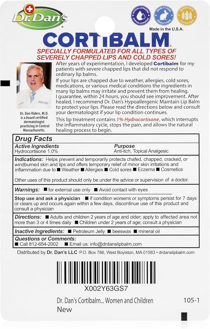 Dr. Dan's Cortibalm - 1 Pack - for Dry Cracked Lips - Healing Lip Balm for Severely Chapped Lips - Designed for Men, Women and Children