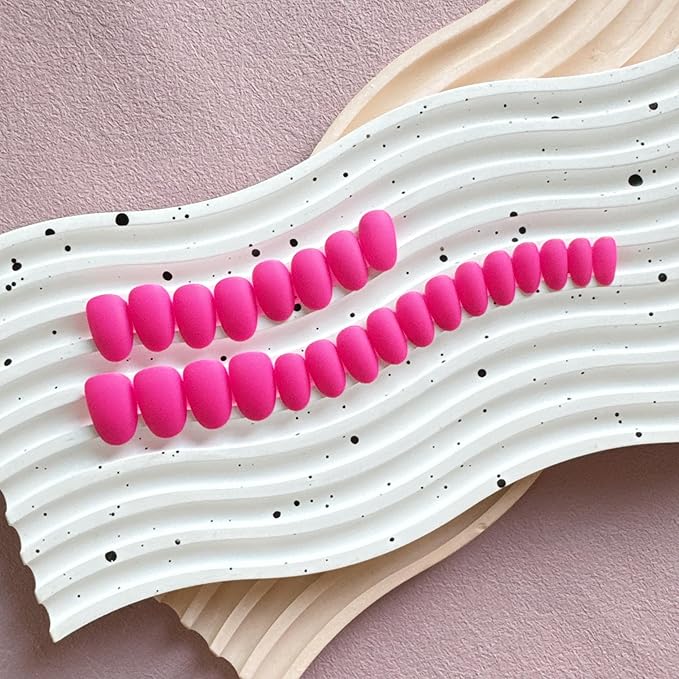 Matte Hot Pink Press on Nails Short Almond Fake Nails Press ons, Thick Solid Color Glue on Nails Short False, Medium Almond Oval Round Shaped for Women, 24Pcs Natural Acrylic Gel Nail