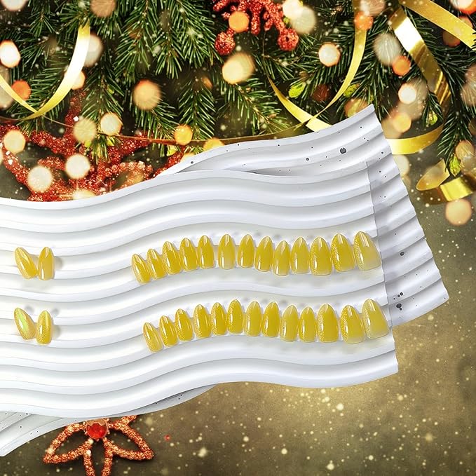 KQueenest Cat Eye Press On Nails Short, Christmas Press On Nails Almond, Sparkle Gold Fake Nails With Glue, Recycled Soft Gel Glue On Nails for Woman Christmas, Long-Lasting Glitter Effect, 30 Pcs