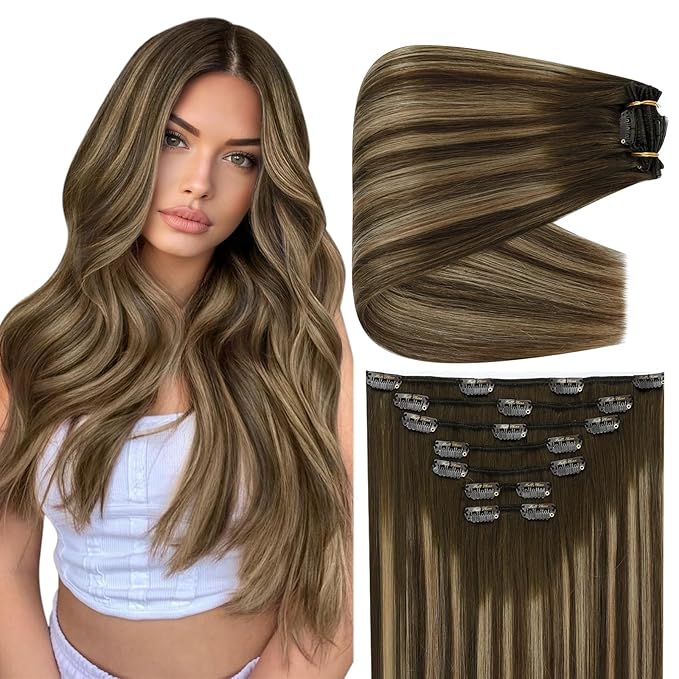 Full Shine 22 Inch Invisible Clip in Hair Extensions Human Hair Ombre Brown Clip in Human Hair Extensions Medium Brown Balayage Honey Blonde Thick Hair Extension 7 Pcs 150 G