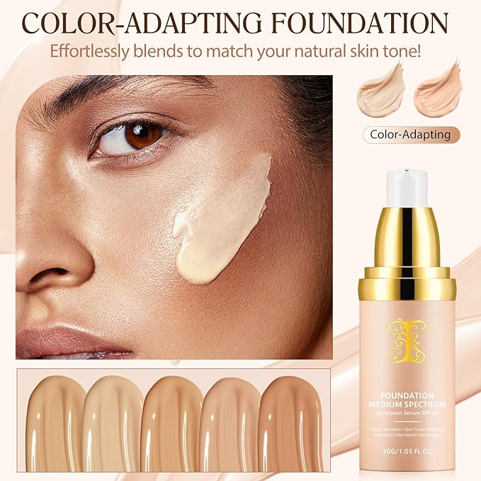 Foundation 4 in 1, Medium Spectrum with SPF 50+, Longwearing & Waterproof, Hydrating Color Changing Foundation, Non-Greasy,Long Lasting, Great for all skin types, 30ml