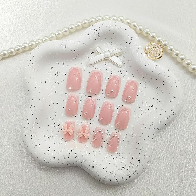 White French Press on Nails Medium Square Fake Nails Pink Nails Press ons Cute Acrylic Nails Spring False Nails with Pearl Bow Charm Designs Artificial Stick on Nails for Women 24Pcs