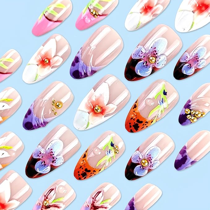 24Pcs Flower Press on Nails Almond Medium Fake Nails 3D Floral Gold Bead Design Colorful Leopard French Tip False Nails Cheetah Print Artificial Acrylic Nail Glue on Nails Stick on Nail for Women