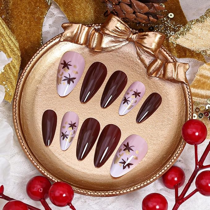 24Pcs Maple Leaf Press on Nails Short Fall Fake Nails Full Cover Brown Acrylic Nail Thanksgiving Press Ons Maple Leaves Glue on Nails Autumn False Nail Glossy Artificial Nail for Women DIY Manicure