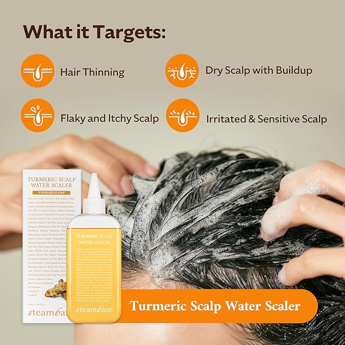 Turmeric Scalp Water Scaler | Scalp Exfoliator for Itchy Dry Scalp, Thinning Hair, Buildup Remover, Treatment for Excess Sebum Oily Greasy Hair | Korean Hair Care Products, 8.45 fl oz