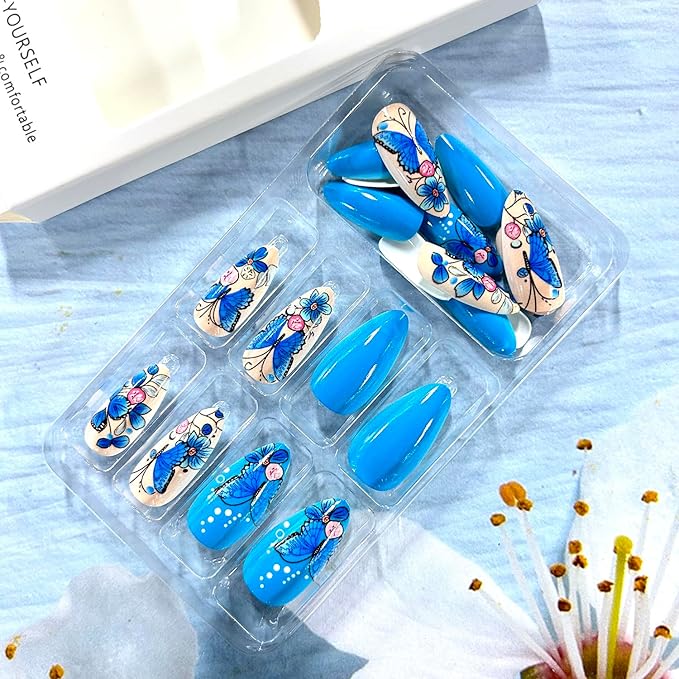 Blue Butterfly Press on Nails Almond Medium Floral Butterfies Pattern Blue Acrylic Fake Nail Full Cover Glossy Artificial Fingernails Spring Acrylic Nail Reusable 24Pcs Glue on Nails for Women