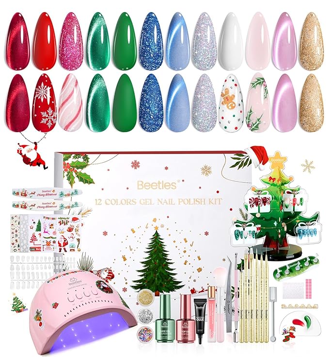 Beetles 67Pcs Gel Nail Kit Crystal Christmas Gifts for Women Teen Girls - 12 Colors Cat Eye Red Glitter Gel Polish Kit with U V Light & Nails Stand Acrylic Holder Display Nails Stuff Manicure Set