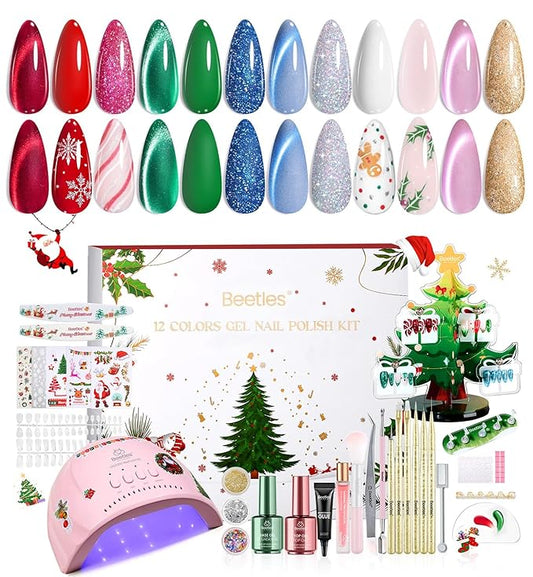 Beetles 67Pcs Gel Nail Kit Crystal Christmas Gifts for Women Teen Girls - 12 Colors Cat Eye Red Glitter Gel Polish Kit with U V Light & Nails Stand Acrylic Holder Display Nails Stuff Manicure Set