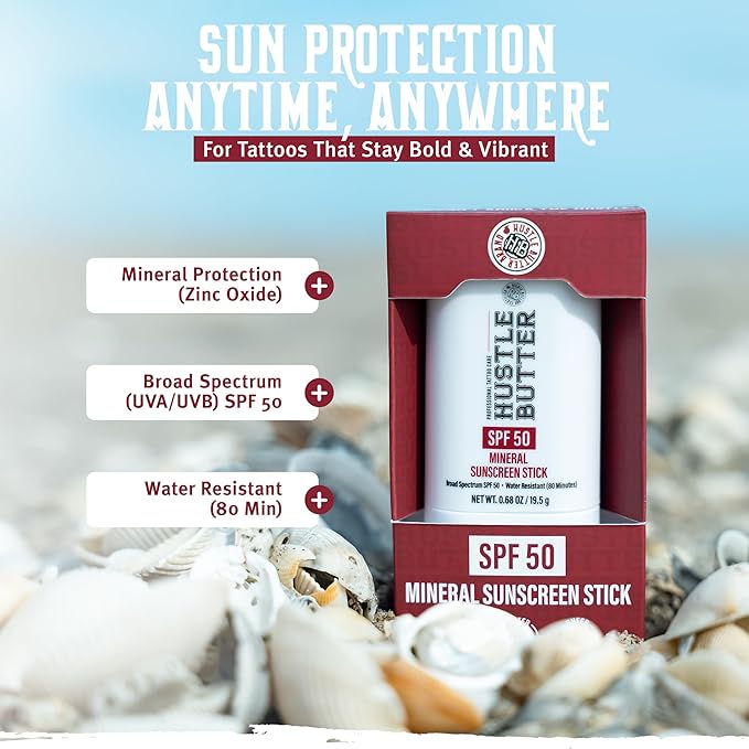 Hustle Butter Tattoo Aftercare Sunscreen Stick - Tattoo Sunscreen Stick, Fade Protection SPF 50, Hydrating with Shea Butter & Coconut Oil, TSA-Friendly, Water Resistant, Non-Greasy, 0.68 oz