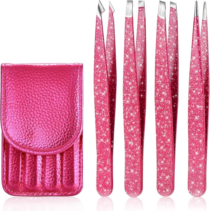 4-Pcs Glitter Stainless Steel Precision Tweezer Set for Eyebrows, Ingrown Hair & Lash Extensions (Rose Red)
