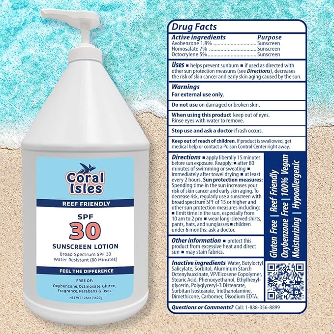 Coral Isles by Rocky Mountain Sunscreen | SPF 30 Lotion | Broad Spectrum UVA/UVB Protection | Hawaii Reef-Safe Act Compliant | Oxybenzone & Octinoxate Free | Water Resistant 80 Min. | 128 Fl Oz