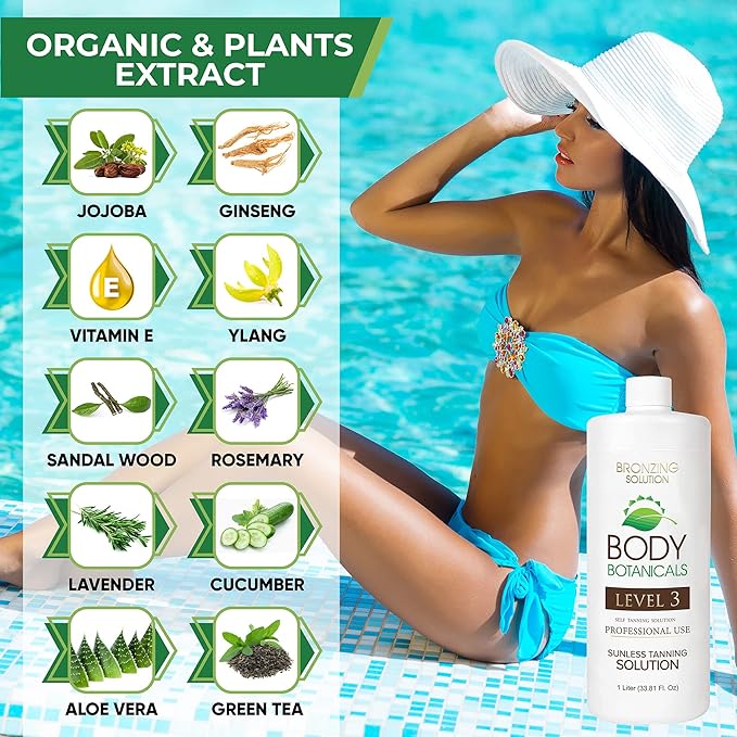 Professional Sunless Tanning Spray Tan Solution, Organic Essential Oils, Airbrush Formula, 33.8 Fl Oz. (Level 3 (12% DHA))