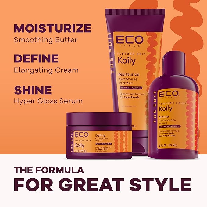 Eco Style, Texture Edit, Koily Shine Hyper Gloss Serum for Type 4 curly hair - A nourishing, sulfate-free rich oil that provides a natural glow and frizz control for kinky curly hair. 6 oz