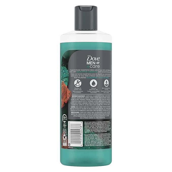 DOVE MEN + CARE Body 4 Count Wash Eucalyptus + Cedar Oil to Rebuild Skin in the Shower with Plant-Based Cleansers and Moisturizers 18 oz