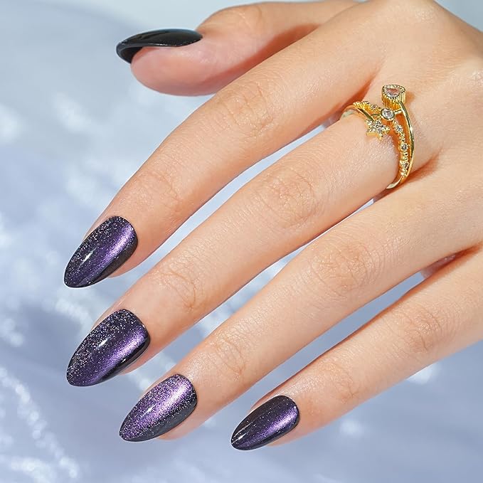 Cat Eye Press on Nails Short, Jofay Fashion Stylish Purple Press on Nails Almond, Soft Gel Fake Nails, Reusable & Natural Acrylic False Nails, Glue on Nails Kit for Women Gift 32 Pcs