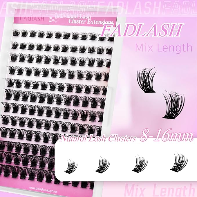 FADLASH Lash Clusters Natural Eyelash Clusters 8-16mm DIY D Curl Cluster Eyelash Extensions Reusable Individual Lashes with Soft Thin Band for Self Use (R017, 8-16mm)