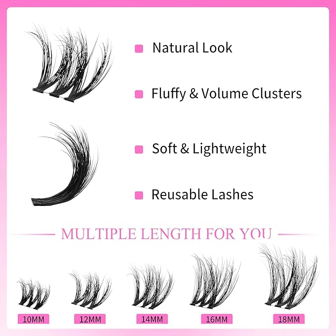 VEYESBEAUTY Lash Clusters Fluffy Individual Lash Extensions VBmuse 3D Layered Volume Eyelashes Thin & Invisible Band Wispy Faux Mink Lash Newbie's Five-Second Mixed Length 10-18mm