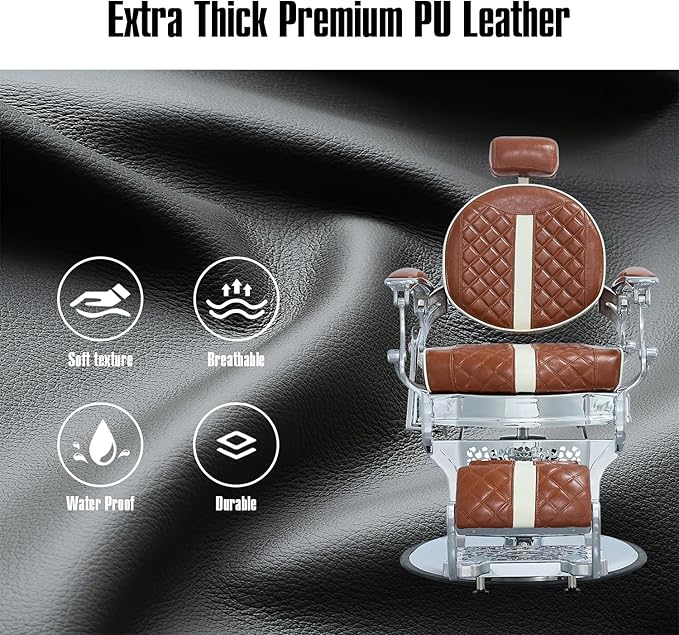 FRNIMAC Heavy Duty Barber Chair, All Purpose Vintage Style Mens Barber Chair Hydraulic Recline Salon Chair Barbershop Equipment for Beauty Spa Tatoo Massage, Weight Capacity 700lbs (Brown-Chrome)