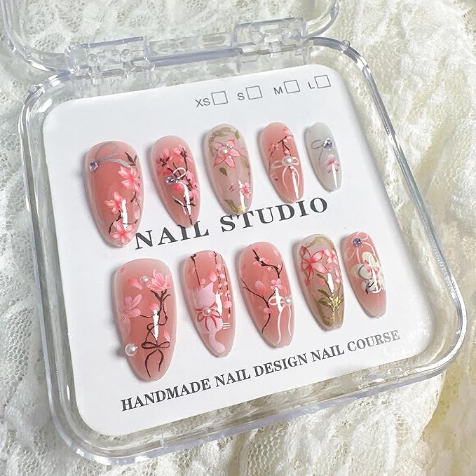 30Pcs Pink Flower Press on Nails Medium Almond Fake Nails with 3D Pearl Rhinestones Designs Glue on Nails Peach Blossom Acrylic Nails Cute Cat False Nails Bow Stick on Nails for Women Nail Supplies