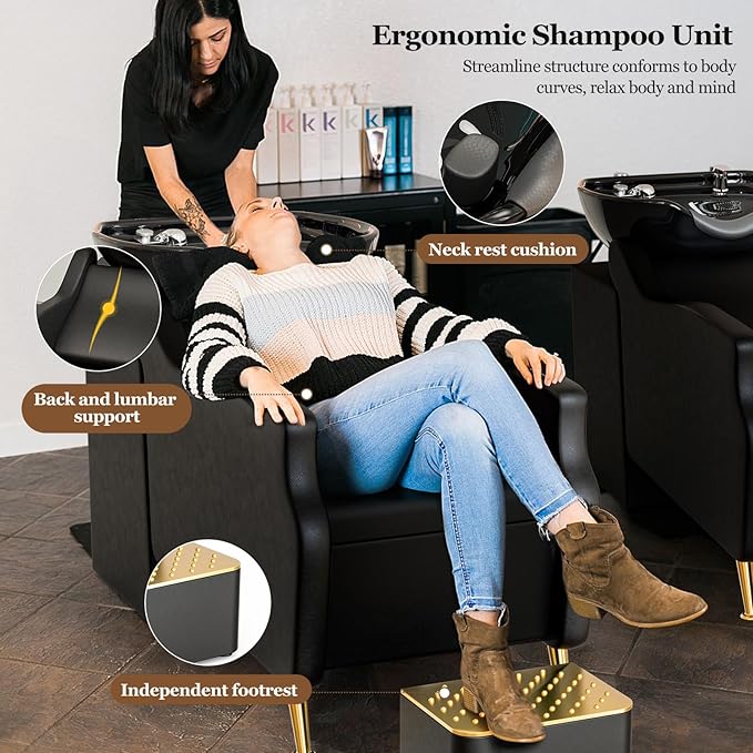Paddie Shampoo Chair and Bowl Set of 2 for Salon, Backwash Shampoo Station Sink with Ceramic Bowl and Foot Stool, Barbershop Spa Equipment