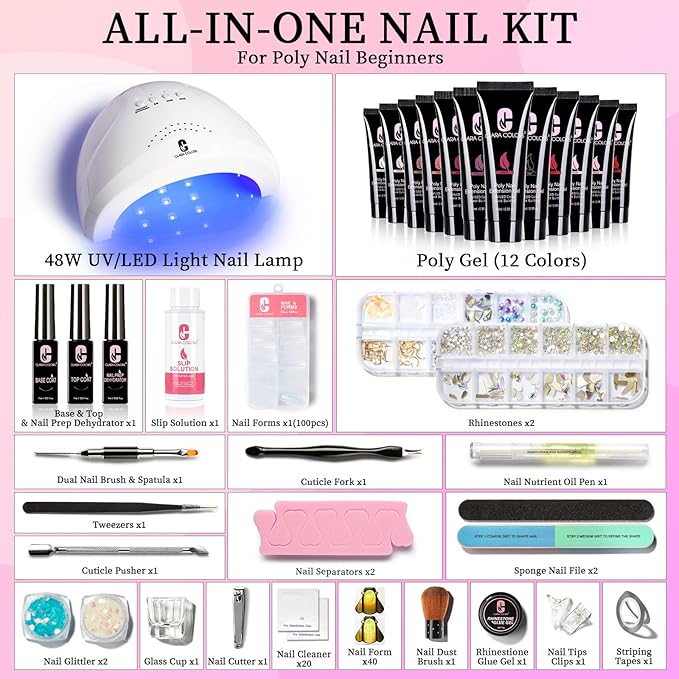 Clara Colors Poly Gel Nail Kit, 12 Colors Clear Jelly Nude Pink Poly Extension Gel Nail Kit All In One Polygel Nail Kit Starter Kit with Slip Solution and Tools for Nail Art DIY with Everything