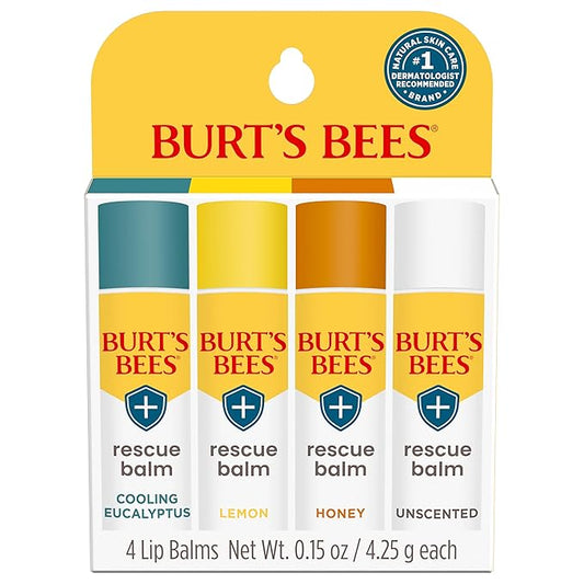 Burt's Bees 100% Natural Origin Rescue Lip Balm, Cooling Eucalyptus, Lemon, Honey, Unscented, 4 Tubes, Pack May Vary