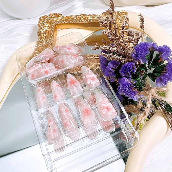 24pcs Pink Flower Press on Nails Medium Almond Fake Nails with 3D Butterfly Pearl Designs Cute Floral False Nails Kit Flowers Acrylic Nail Tips Full Cover Stick on Nails for Women Nail Art Decoration