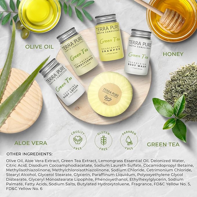 Terra Pure Green Tea Amenity Kit | Boxed Hotel Bulk Toiletries | 1 oz Shampoo, Conditioner, Lotion, Body Wash, Body Bar Soap for Guest Hospitality Vacation Rentals | 15 Sets/Case