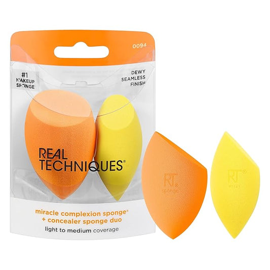 Real Techniques Miracle Complexion Sponge + Concealer Sponge Duo, Makeup Blending Sponges For Foundation & Concealer, Offers Light To Medium Coverage, Natural, Dewy Makeup, Latex-Free Foam 2 Count