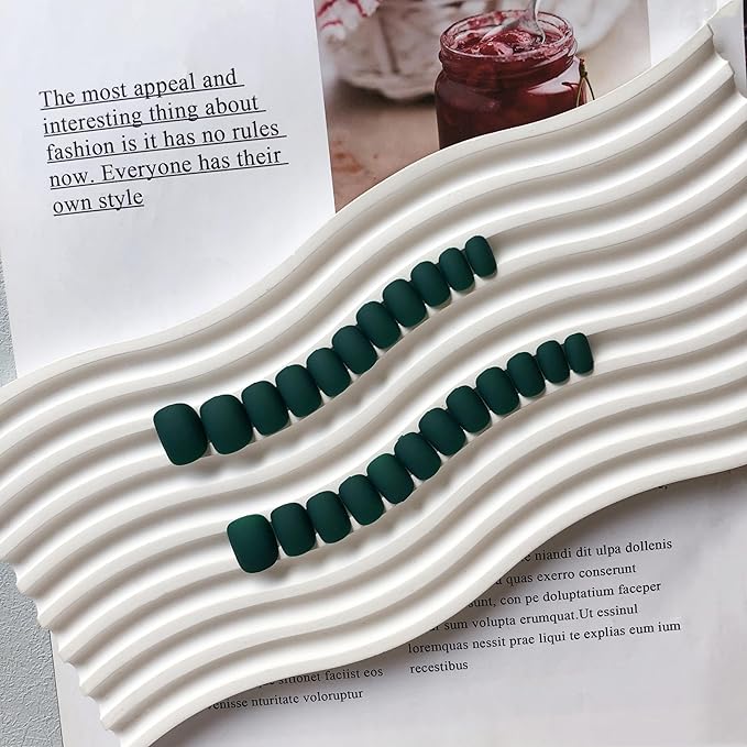 Matte Green Press on Nails Short,KQueenest Glue on Nails Short Acrylic Nails Press on with Solid Color Classic Fake Nails Set for Women Lady Daily Wear in 24 PCS