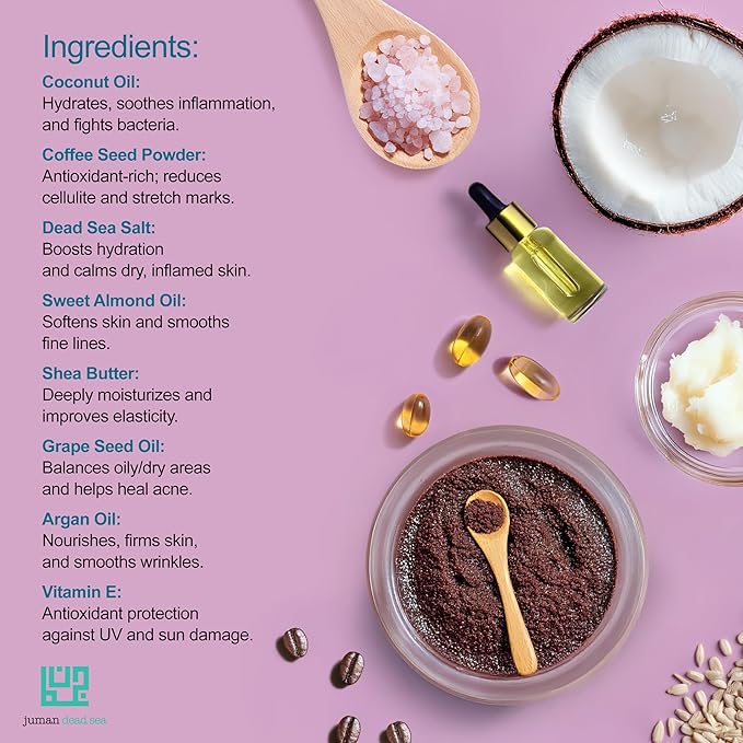 Juman Dead Sea Minerals Exfoliating Coffee Body Scrub | Enriched with Almond & Coconut Oils for Moisturized, Smooth Skin | Dead Sea Salt Scrub | SlS & Paraben Free | Vegan | 11.46 Oz