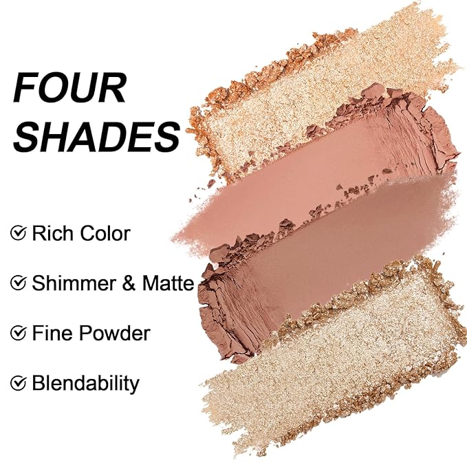 Erinde Quads Matte Eye Shadow Powder Makeup Palette, Nude Neutral Brown & Champagne Pink Shimmer Eyeshadow, Long Wearing Waterproof Everyday Eye Makeup, sombras de ojos, with Built-In Mirror, 02