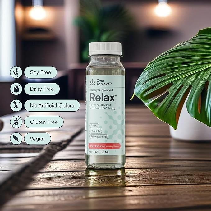 Relax Drink for Relaxation and Stress Relief, Contains Ashwagandha, Rhodiola Rosea and Reishi Mushroom with Advanced Nanoscience Technology, 3 Pack Calm Nervous System Berry Hibiscus, 2oz