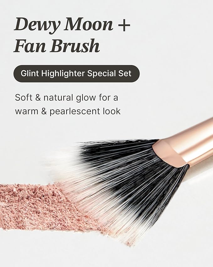 Glint Highlighter Special Set (Dewy Moon(Set), 0.08oz + Fan Brush) - Baked Highlighter for Natural Glow. Korean Makeup by LG Beauty. Rich Pigment, Silky Touch, Shimmer.