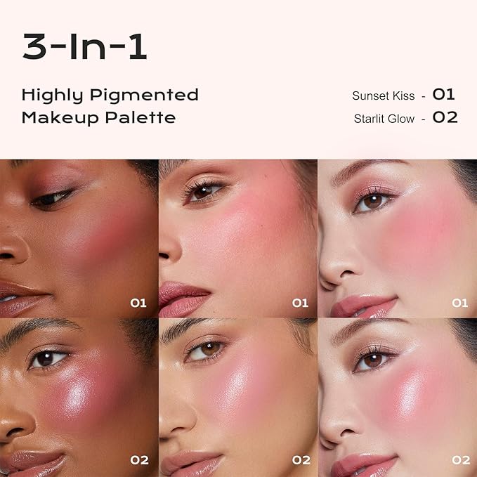 Color Nymph Ultra-Creamy Highlighter Blush Bronzer Stackable Makeup Palette Set | 3-IN-1 Multi-Use Long-Lasting & Matte & Shimmer Power, Travel-Friendly Makeup Kits | Vegan & Cruelty-Free - Combo