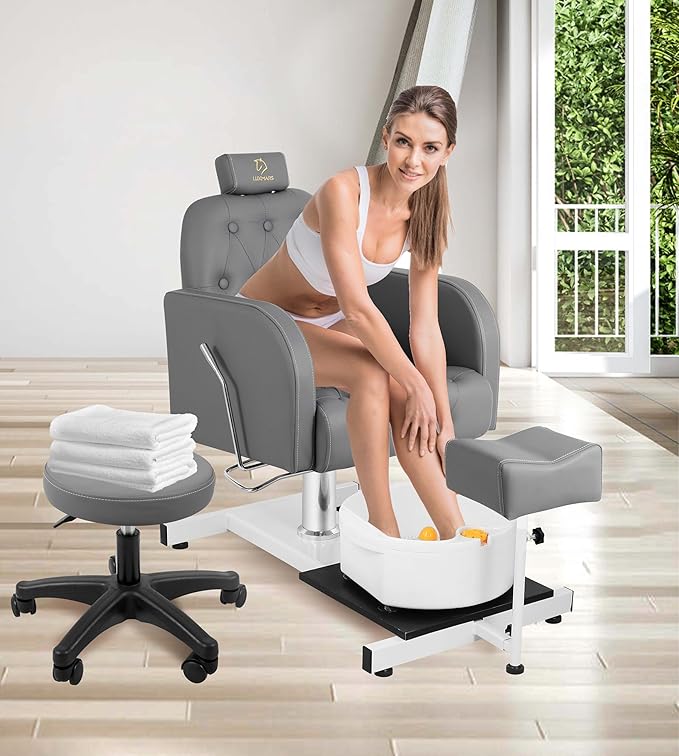 Reclining Pedicure Chair with Foot Massage Basin & Stool, Hydraulic Adjustable Pedicure Chair Station, 360° Rotation Beauty Spa Salon Unit Station Gray