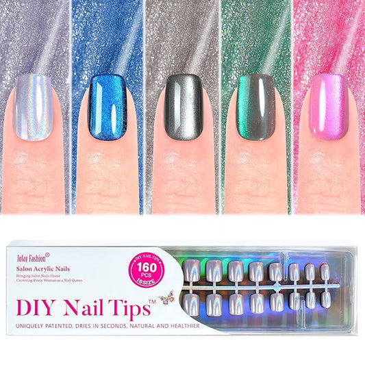 Cat Eye Press on Nails Short, Jofay Fashion Salon-Like Fake Nail with Blue Laser Gray Mystic Aurora Designs, False Nails Glue on Nails Reusable Full Cover Stick on Nails for Women, 160 Pcs