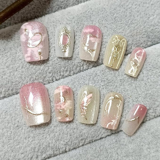30Pcs Pink Press on Nails Short Square Fake Nails with Embossed Designs Glue on Nails Spring Summer Acrylic Nails Full Cover Butterfly False Nails Star Moon Stick on Nails for Women Nail Decoration