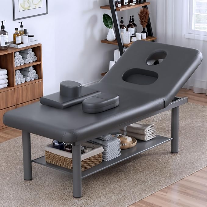 Olela Heavy Duty Stationary Massage Table with Adjustable Backrest, 31.5" Wide Professional Spa Facial & Therapy Bed, Metal Frame PU Leather Treatment Table for Salon & Clinic