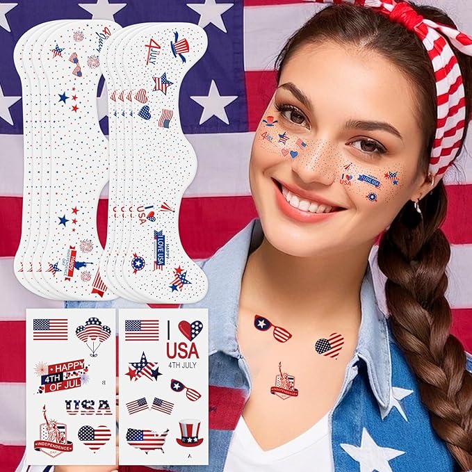 MEICOLY 4th of July Glitter freckles,USA Face Glitter Star Stickers Temporary Freckles Tattoos,Fourth of July Red White Blue Accessories,8 Face Glitter Freckles +13 Temporary Tattoos