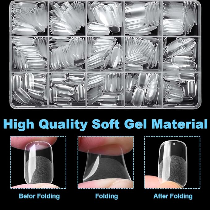 BlueZOO Gel Almond & Squoval Nail Tips 600Pcs - Medium 2 Shapes Acrylic Fake Nails Pre-etching Tapered Square and Almond Press On False Nail for Extension Manicure Home DIY Salon Supplies, 15 Sizes