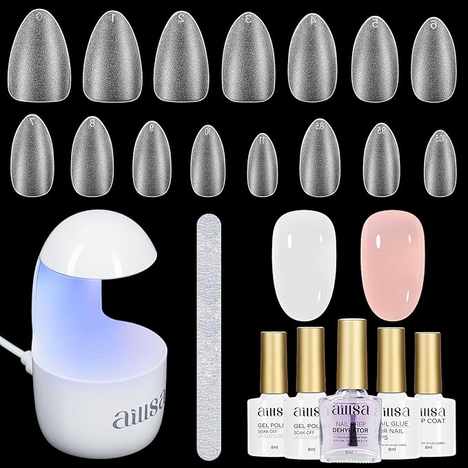 AILLSA Almond Nail Kit with U V Lamp 240pcs Short Gel Nail Tips and Glue Gel Kit with 2 in 1 Nail Glue Base Top Coat and Nail Dehydrator for Beginners DIY Home Salon