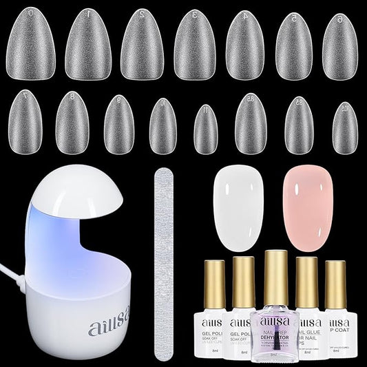 AILLSA Almond Nail Kit with U V Lamp 240pcs Short Gel Nail Tips and Glue Gel Kit with 2 in 1 Nail Glue Base Top Coat and Nail Dehydrator for Beginners DIY Home Salon