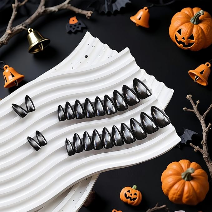 KQueenest Press On Nails Almond - Ombre White Black Press On Nails Medium Length, French Dark Fake Nails with Nail Glue, Reusable Soft Gel Gradient Black Glue On Nails for Women Decoration, 24 Pcs