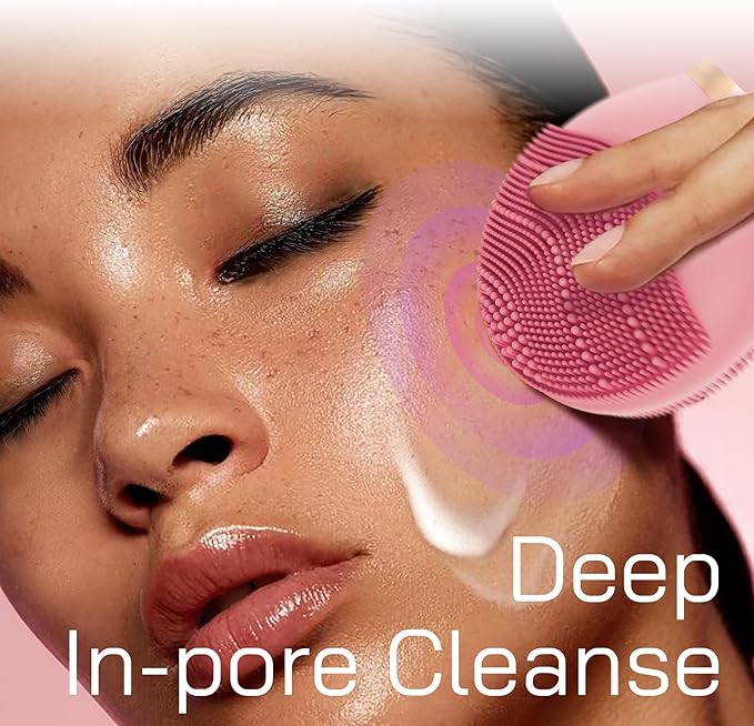 Bella Ciao Travel Silicone Facial Cleansing Brush, Face Exfoliator and Massager, Cordless Pore Scrubber with Soft Bristles, Double-Sided Design, IPX5 Water Resistance, Battery Not Included, Pink