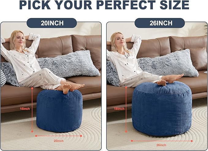 Pouf Ottoman Foot Stools with Foam Small Ottoman for Living Room Corduroy Ottomans Pouf 26x18 Floor Poufs Foot Rest for Chair Navy Blue Hassocks and Ottomans