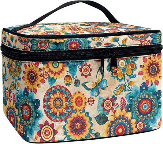 Boho Style Mandala Butterfly Pattern Travel Makeup Bags for Women Portable Tote Cosmetic Case with Carry Handle Toiletry Accessories Storage Organizer Bags