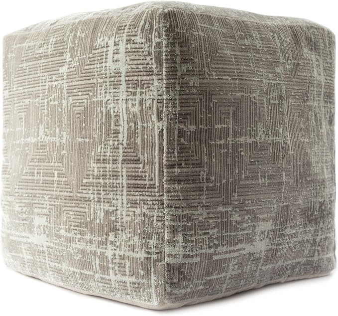 LR Home Transitional Distressed Geometric Gray/Ivory Polyester Blend Cube Pouf for Home Decor | Indoor Foot Rest for Living Room & Bedroom | 18 x 18 x 18 Stuffed Ottoman for Seating