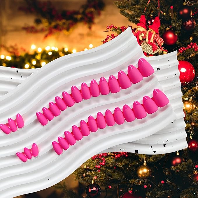 Hot Pink French Tip Press on Nails Short Almond Nails Press ons, Short Fake Nails with Matte Finish, Vibrant Neon Pink French Glue on Nail False Nail for Women,Fushia in 32 Pcs 16 Sizes