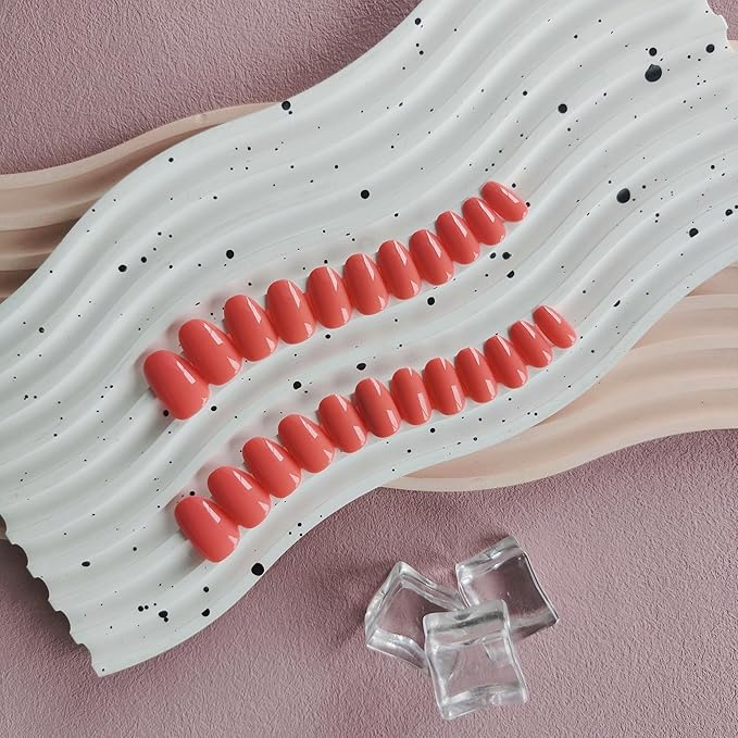 Orange Press on Nails Short Oval Fake Nails Press ons, Thick Solid Color Glue on Nails Short False Nails, Short Almond Nails Oval Round Shaped Nails for Women, 24Pcs Natural Acrylic Gel Nails